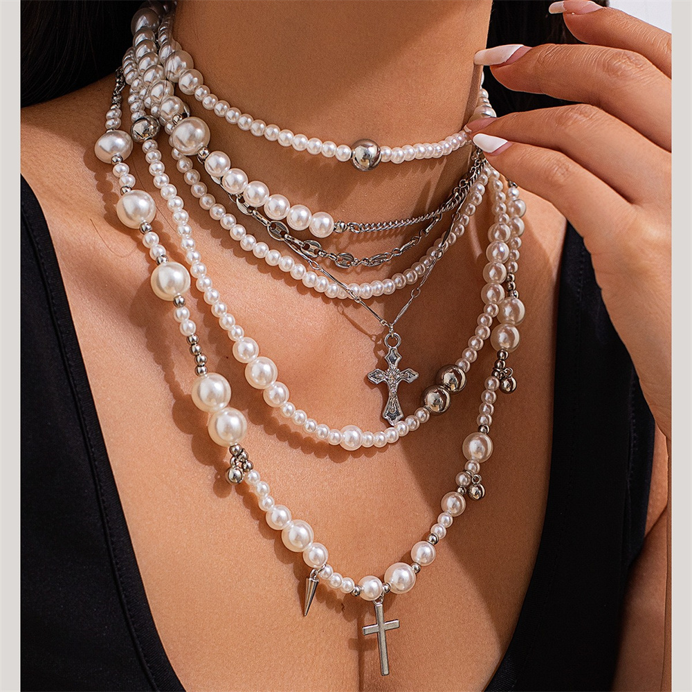 Layered Pendant Necklace Aesthetic - Collana a catena di perle d'imitazione