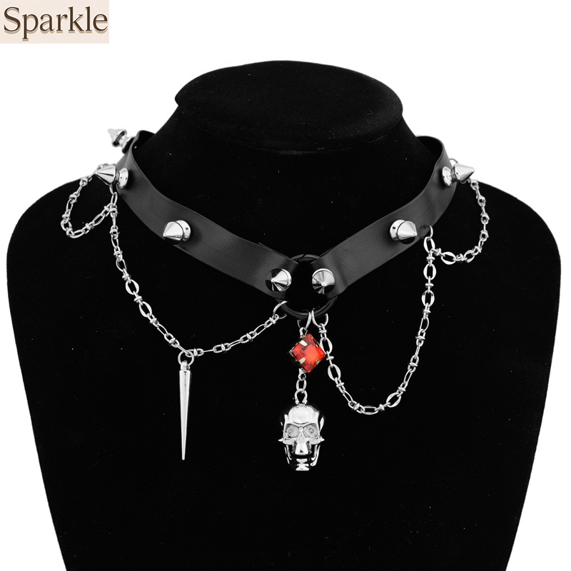 Goth Punk Spike Choker - Girocollo in pelle con teschio scuro,