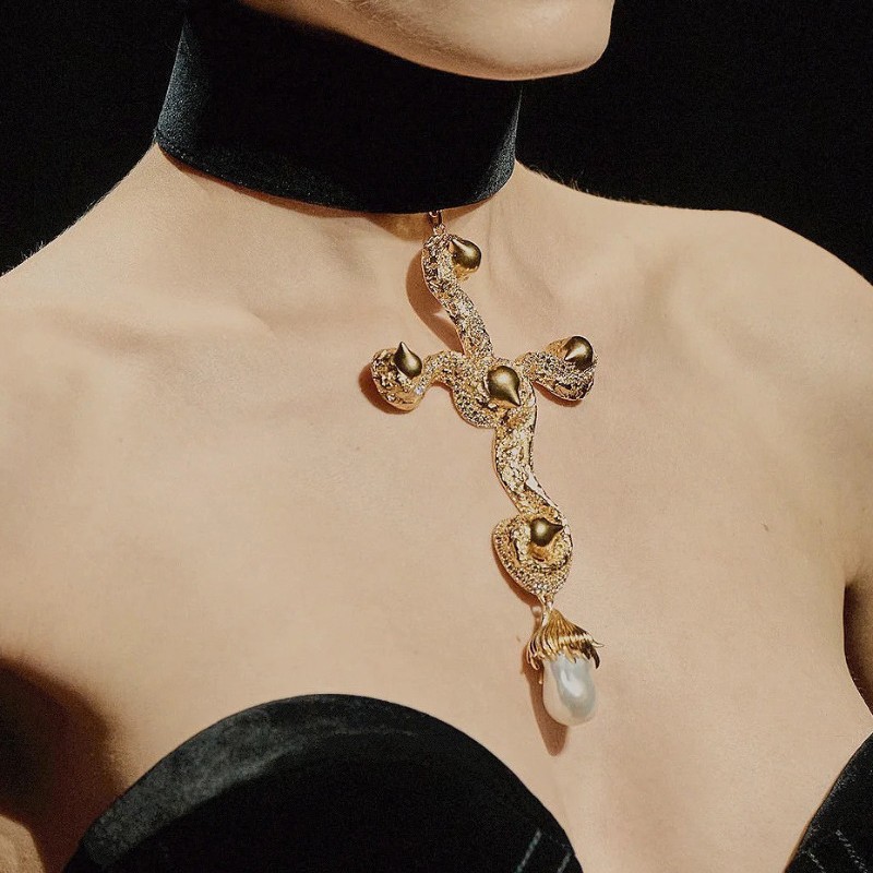 Pearl Choker Necklace Vintage - Collana con ciondolo croce di perle
