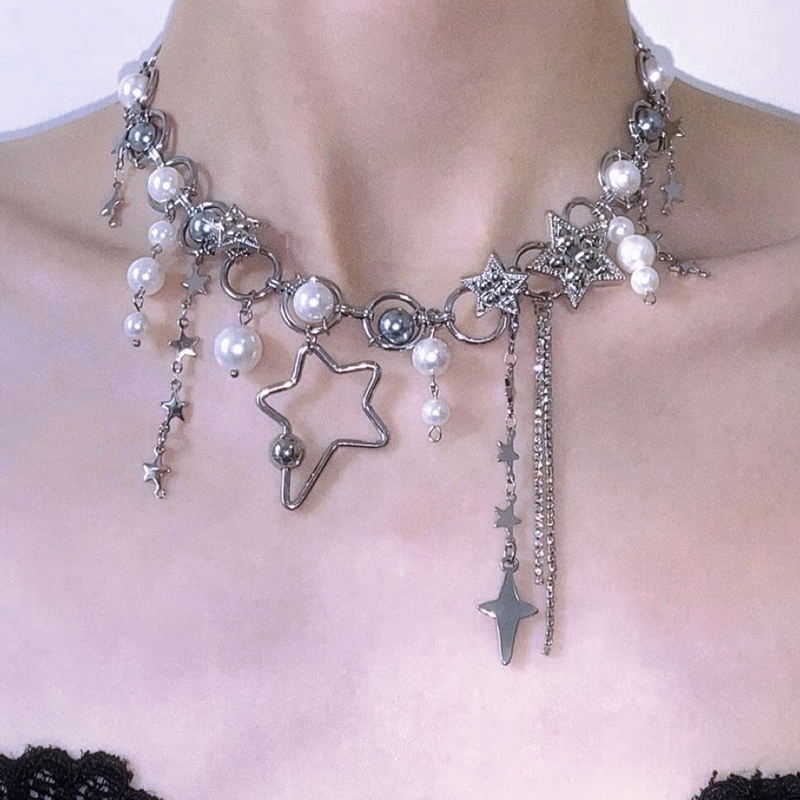 Pearl Choker Necklace Vintage - Y2K Gioielli Perla Splicing Star Catene